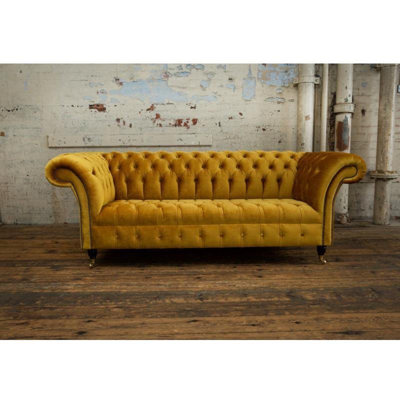 British Handmade 3 Seater Mustard Luxury Sofa Living Room Velvet Fabric Chesterfield Hotel Sofa