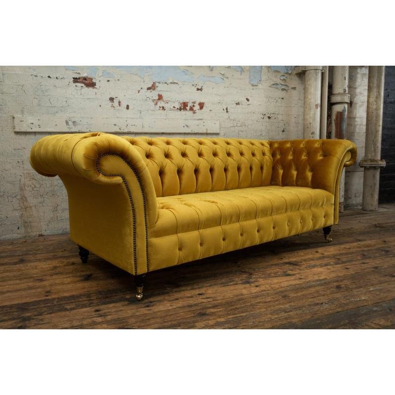 British Handmade 3 Seater Mustard Luxury Sofa Living Room Velvet Fabric Chesterfield Hotel Sofa