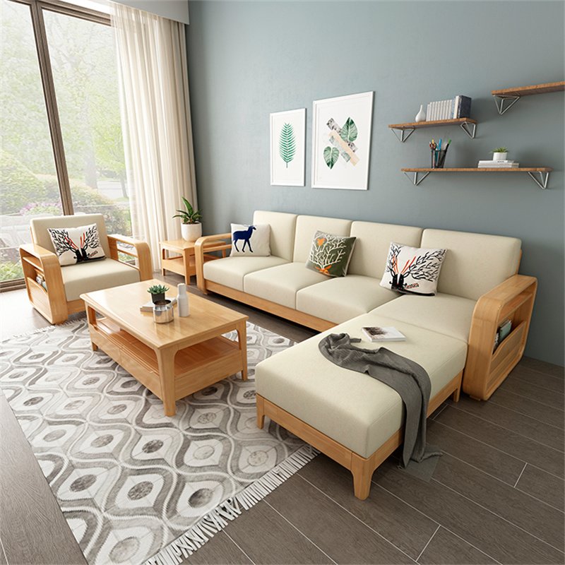 Customized apartment solid wood fabric sofa hotel 1+2+3 combination sofa homestay L-shaped sofa living room furniture set.