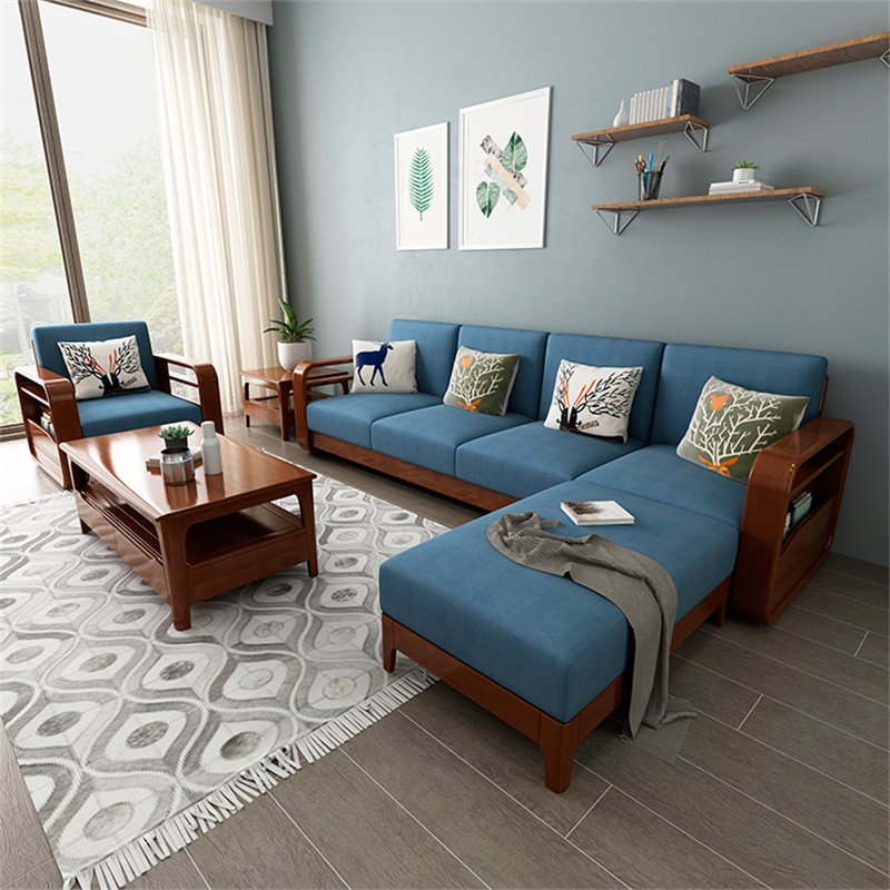 Customized apartment solid wood fabric sofa hotel 1+2+3 combination sofa homestay L-shaped sofa living room furniture set.