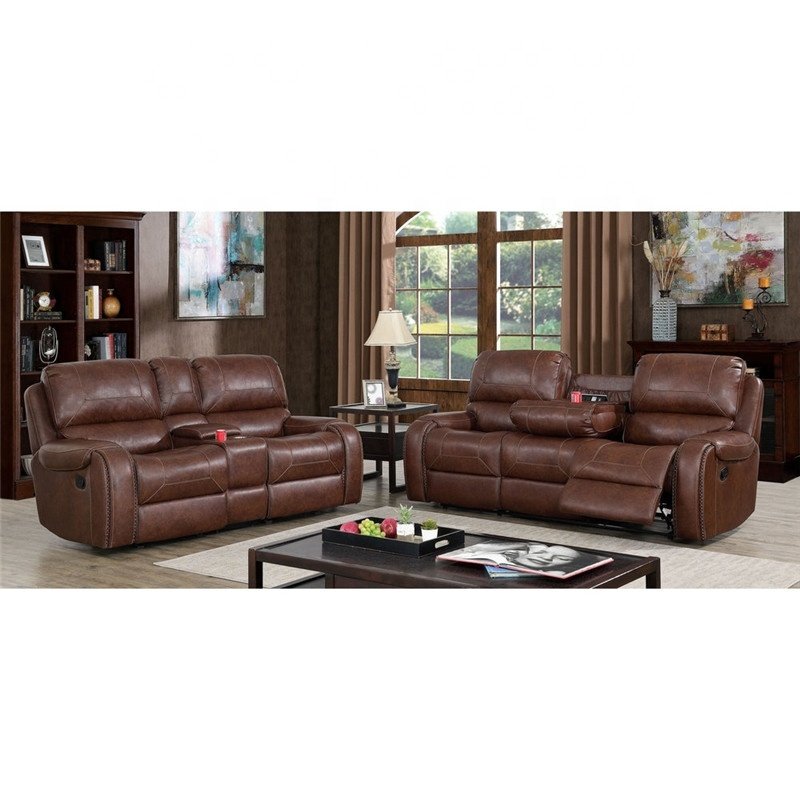 American style Top grain leather home theater classic recliner sofa set with Drop down Table by USB Charge Port