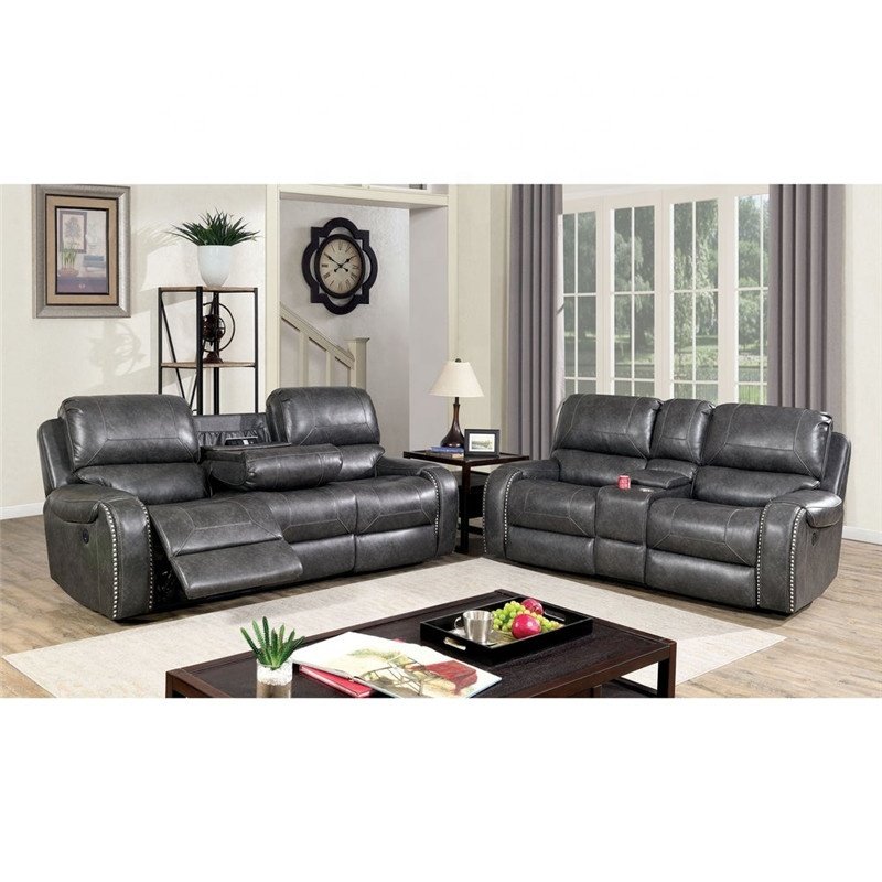 American style Top grain leather home theater classic recliner sofa set with Drop down Table by USB Charge Port