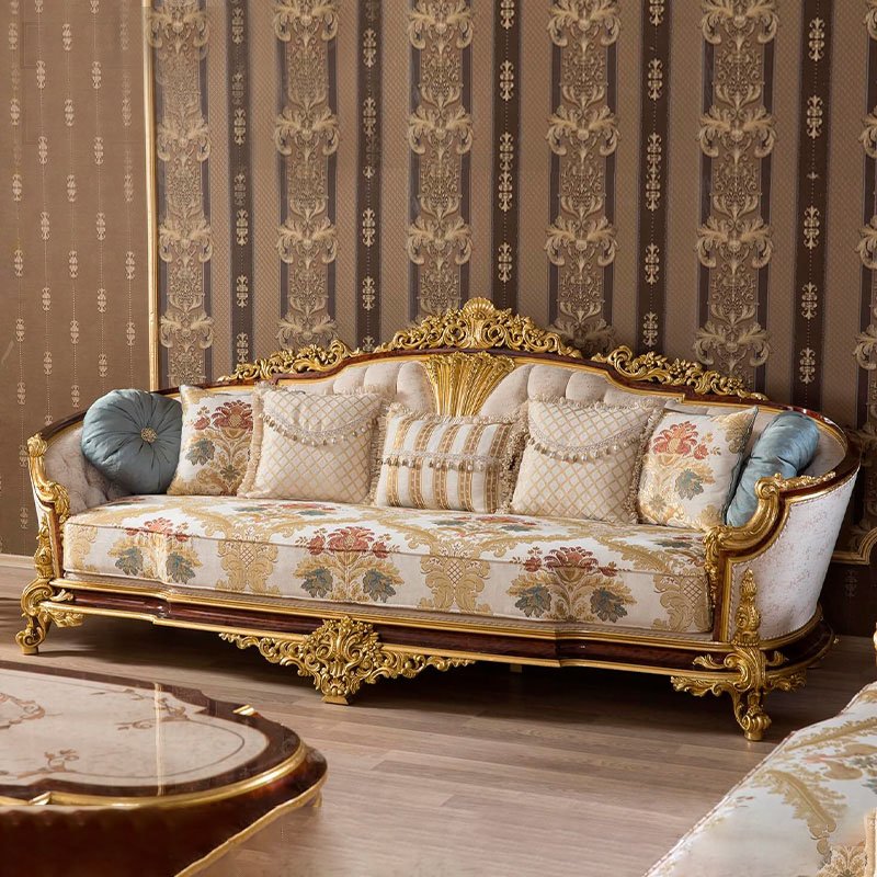 OE-FASHION custom Luxury European style fabric gold leaf sofa for home furniture living room solid wood carved sofa set