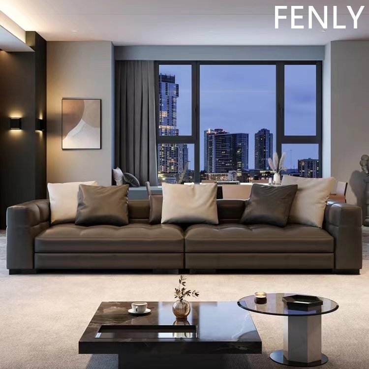 Modern Italian Minimalist Sectional Leather Sofa Set Office & Living Room Furniture Wood Material for Home & Villa Use