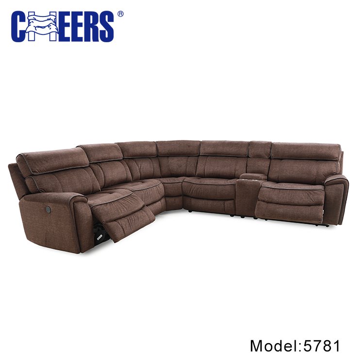 MANWAH CHEERS Fabric Upholstered Living Room Sofa 5-Seater Power Reclining Sectional with Console for Living Room