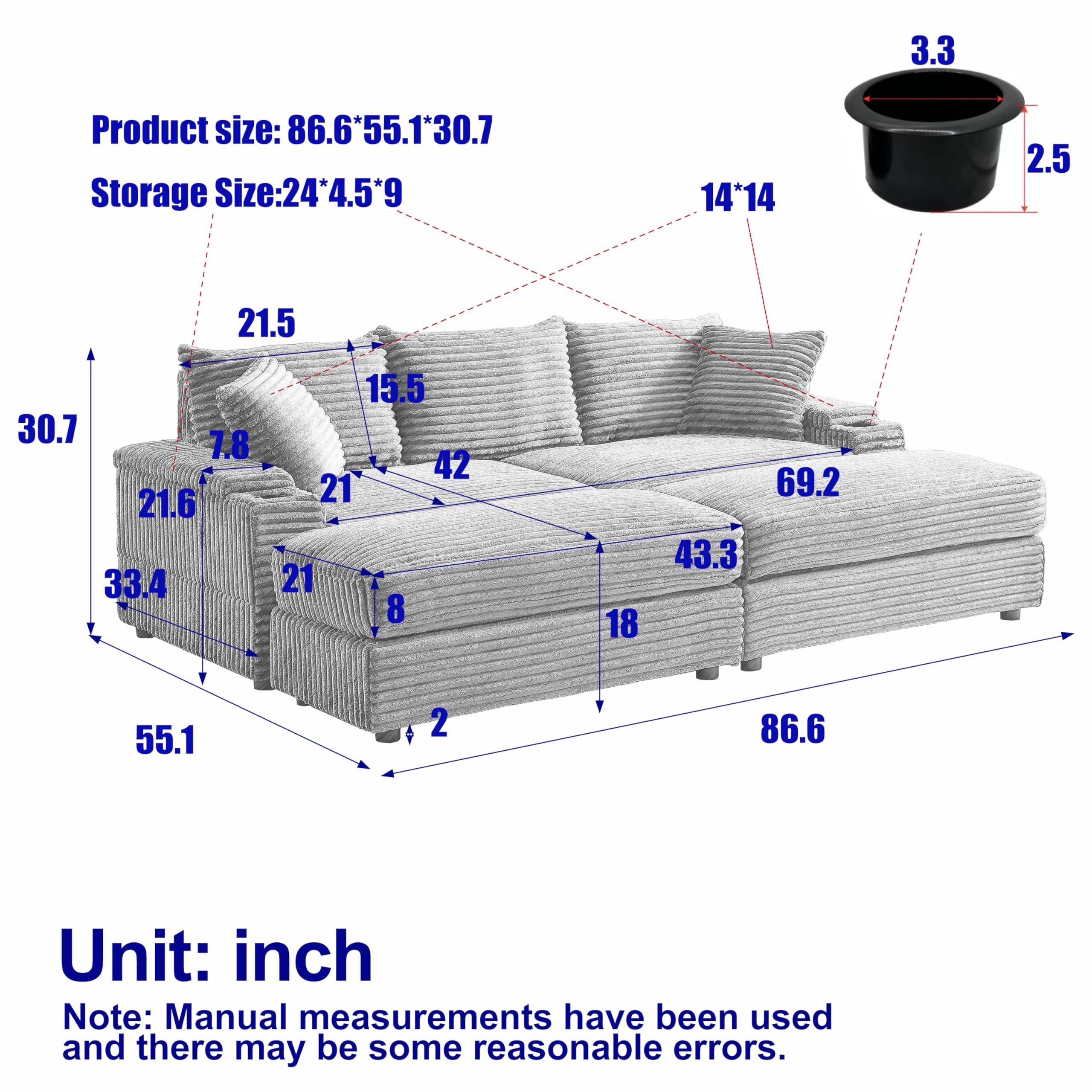 Upholstered Cloud Modular Furniture Convertible Chaise Lounge Sectional Loveseat Compression Cinema Sofa for Living Room