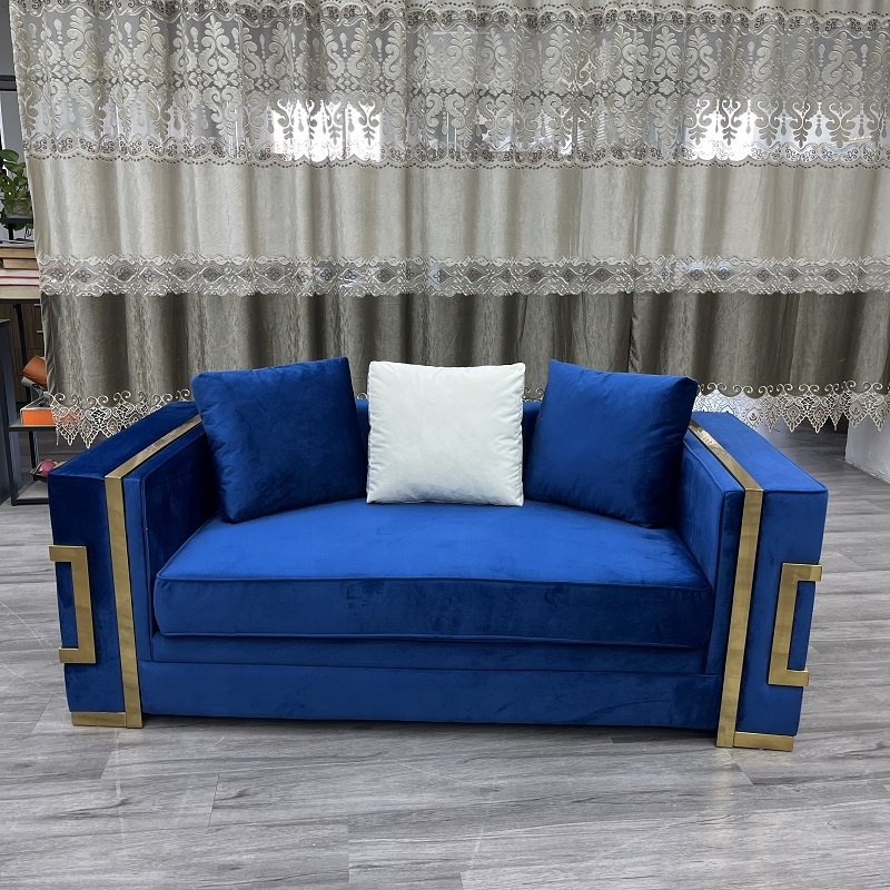 Luxury Blue Velvet sofa set with gold stainless steel decoration for hotel home office living room furniture