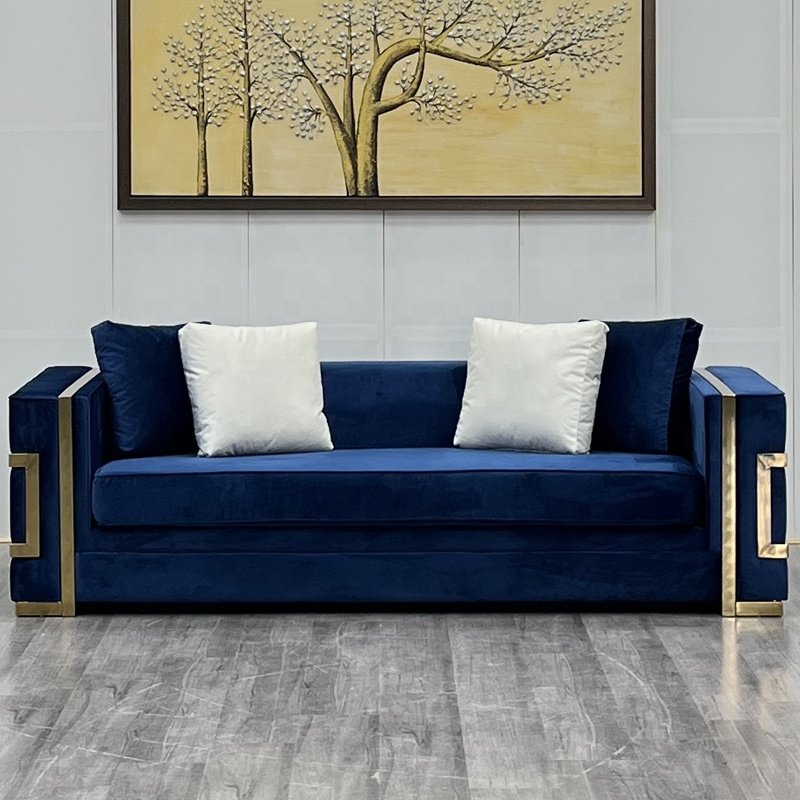 Luxury Blue Velvet sofa set with gold stainless steel decoration for hotel home office living room furniture