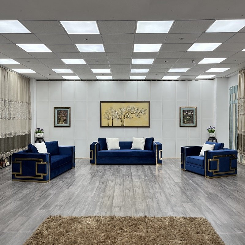 Luxury Blue Velvet sofa set with gold stainless steel decoration for hotel home office living room furniture