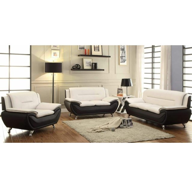 Black and white sofa set couch modern living room furniture two seater with metal legs backrest 2 pillows sofa chair