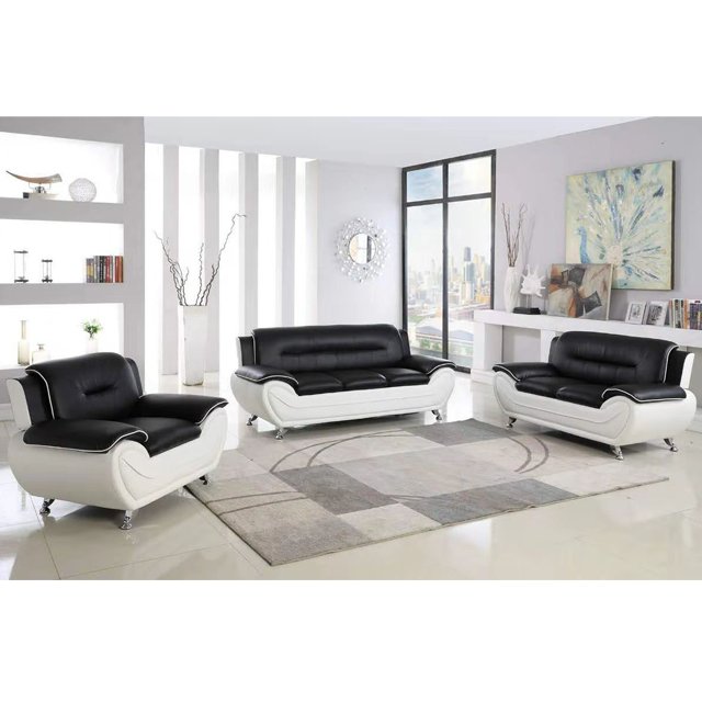Black and white sofa set couch modern living room furniture two seater with metal legs backrest 2 pillows sofa chair