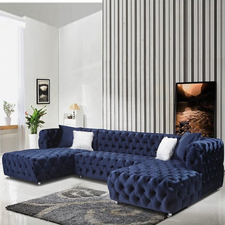 Winforce Factory Wholesale Modern 7 Seater U Shape Sofa Velvet Sectional Living Room Sofa Set Furniture Corner Chesterfield Sofa