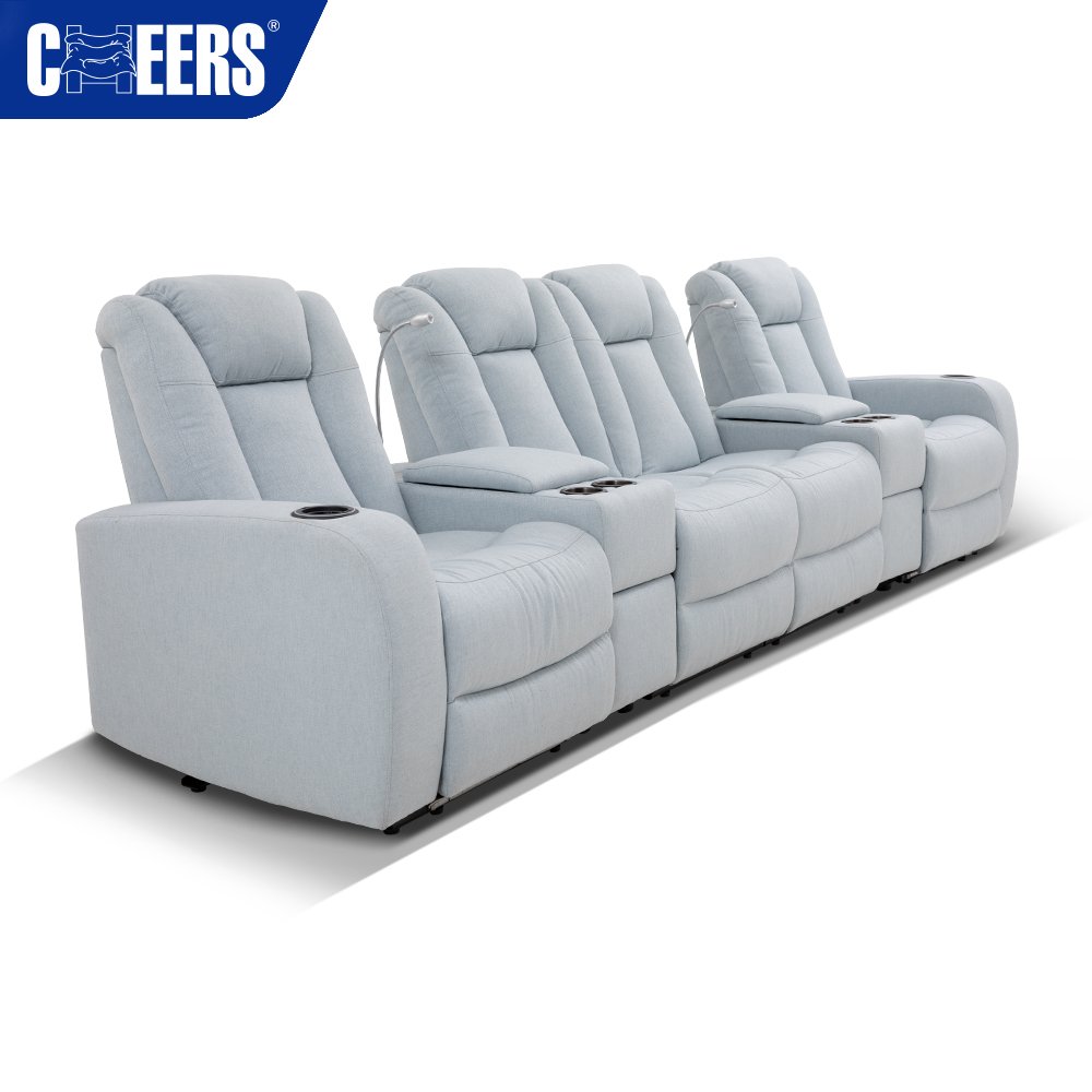 MANWAH CHEERS Power Fabric Blue Recliner Home Theater Sofa with USB Port and for Living Room Home Theater