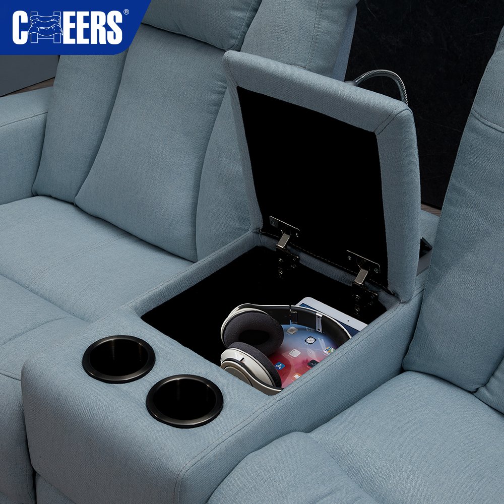MANWAH CHEERS Power Fabric Blue Recliner Home Theater Sofa with USB Port and for Living Room Home Theater