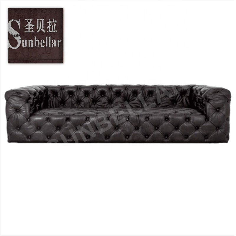 foshan office furniture supplier chesterfield office sofa 3 seat couch antique black genuine leather sofa for home office