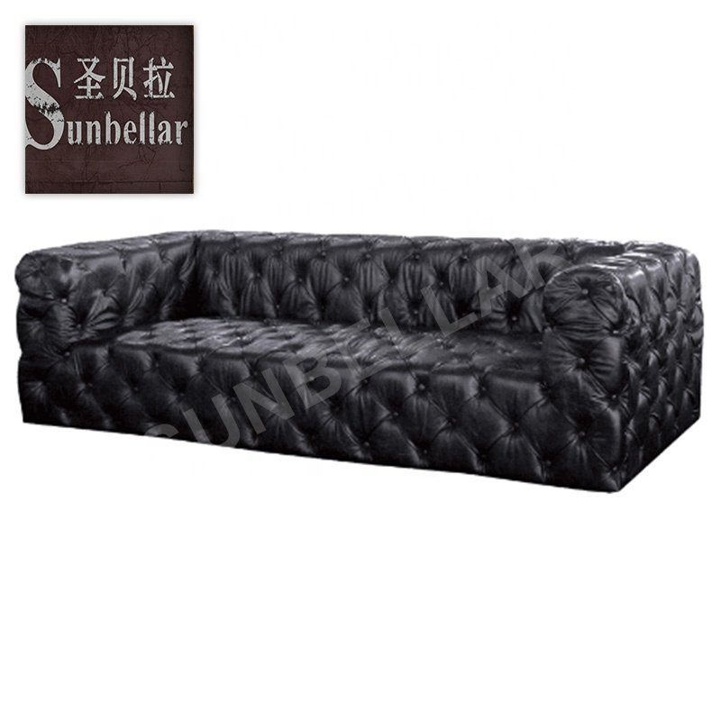 foshan office furniture supplier chesterfield office sofa 3 seat couch antique black genuine leather sofa for home office