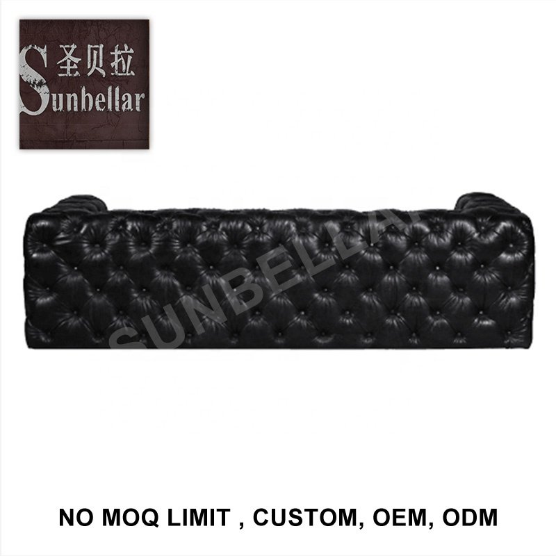 foshan office furniture supplier chesterfield office sofa 3 seat couch antique black genuine leather sofa for home office