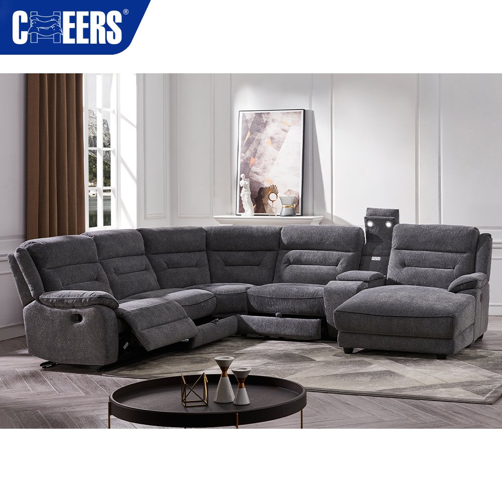 MANWAH CHEERS Skin-friendly Fabric Living Room Sofa 5-Seater Manual Reclining Sectional with Storage and Light for Living Room