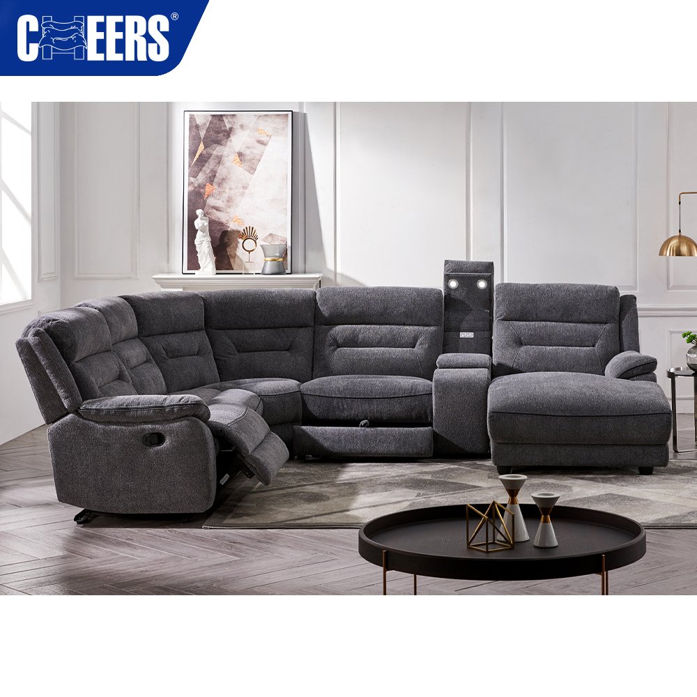 MANWAH CHEERS Skin-friendly Fabric Living Room Sofa 5-Seater Manual Reclining Sectional with Storage and Light for Living Room
