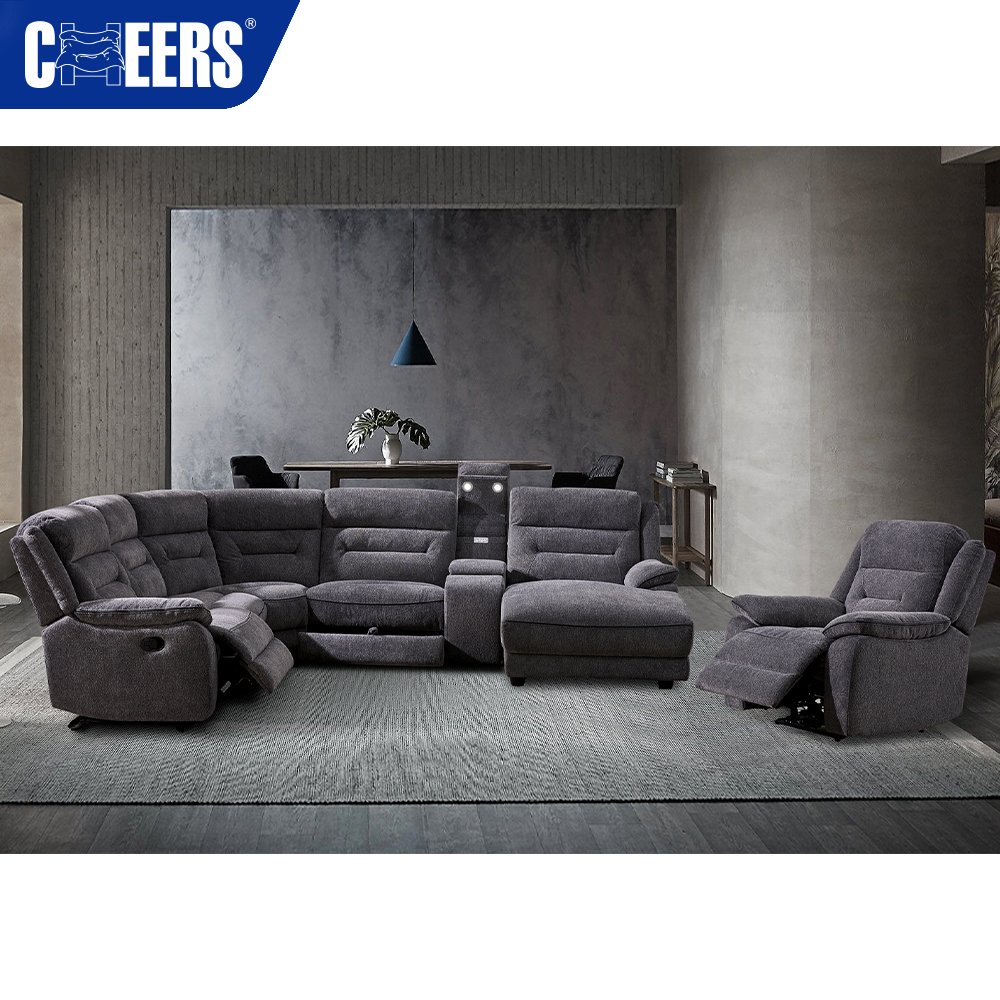 MANWAH CHEERS Skin-friendly Fabric Living Room Sofa 5-Seater Manual Reclining Sectional with Storage and Light for Living Room
