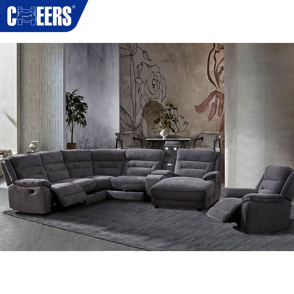 MANWAH CHEERS Skin-friendly Fabric Living Room Sofa 5-Seater Manual Reclining Sectional with Storage and Light for Living Room
