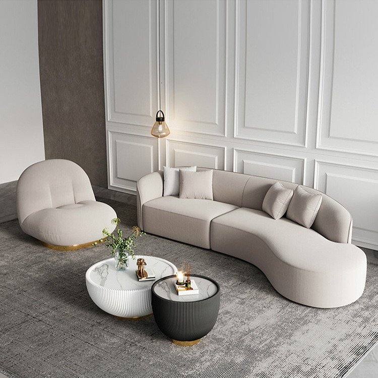 Small Size Modern Creative Curved Linen Sofa Set for Apartment Creamy Living Room & Hotel Made of Leather & Wood