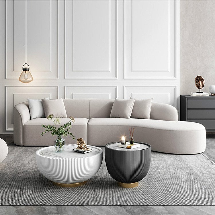Small Size Modern Creative Curved Linen Sofa Set for Apartment Creamy Living Room & Hotel Made of Leather & Wood