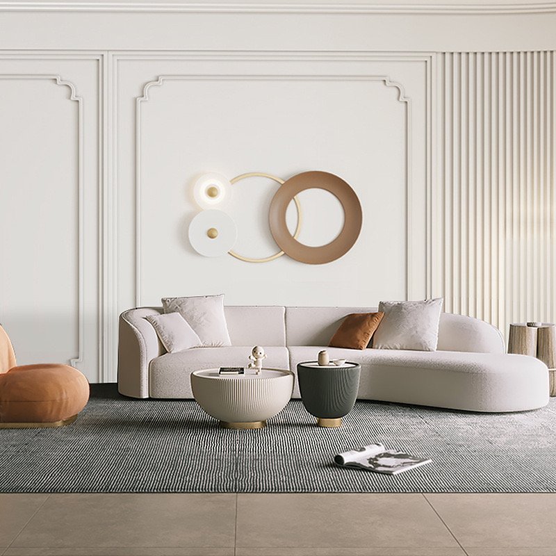 Small Size Modern Creative Curved Linen Sofa Set for Apartment Creamy Living Room & Hotel Made of Leather & Wood