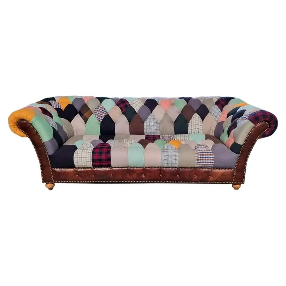 Luxury High Quality Modern Design 3 seater sofa upholstered in leather and fabric with solid wooden legs for living room