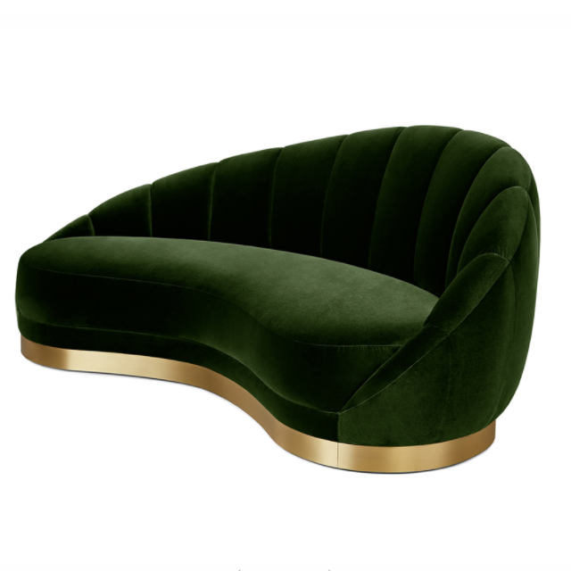 Modern brass edge velvet upholstery luxury home italy brass base three seat Velvet fabric chaise lounge sofa