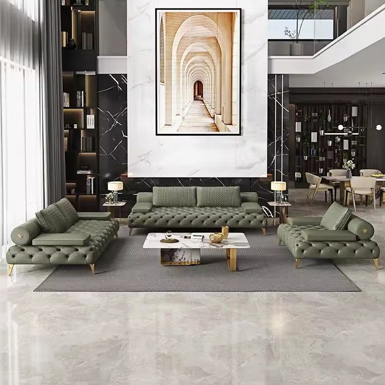 American Style Leather Button Tufted Reception Couch Luxury 5Star Hotel Lobby Sofa Set Elegant Living Room Furniture Combination