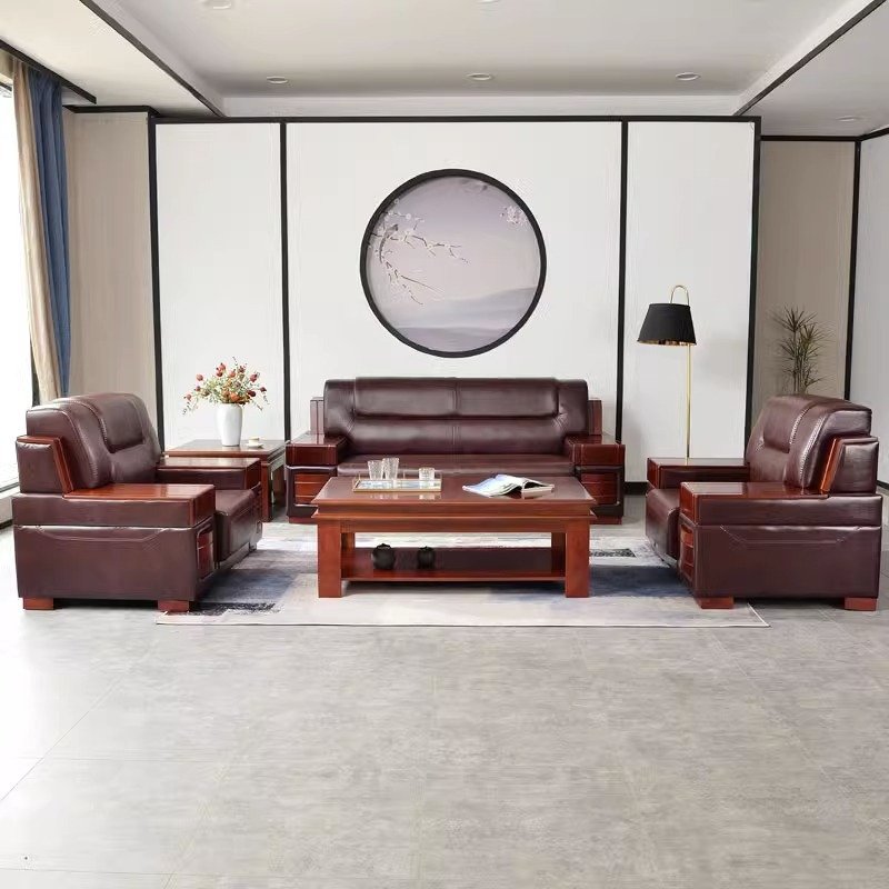 Premium Chinese Style Office Sofa Business Reception Leather Sofa Set | Comfortable and Waterproof Sturdy Wooden Frame