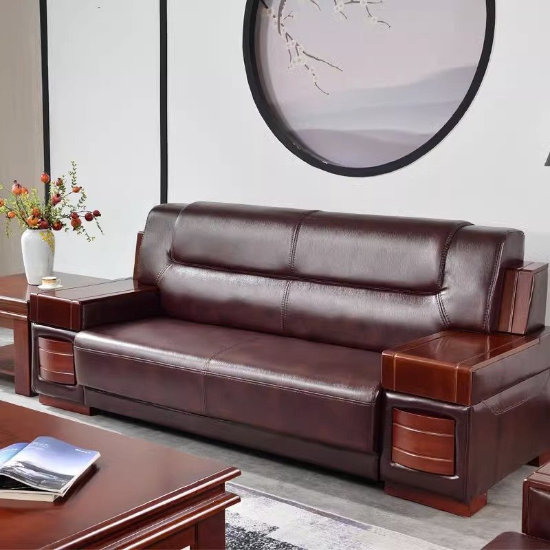 Premium Chinese Style Office Sofa Business Reception Leather Sofa Set | Comfortable and Waterproof Sturdy Wooden Frame