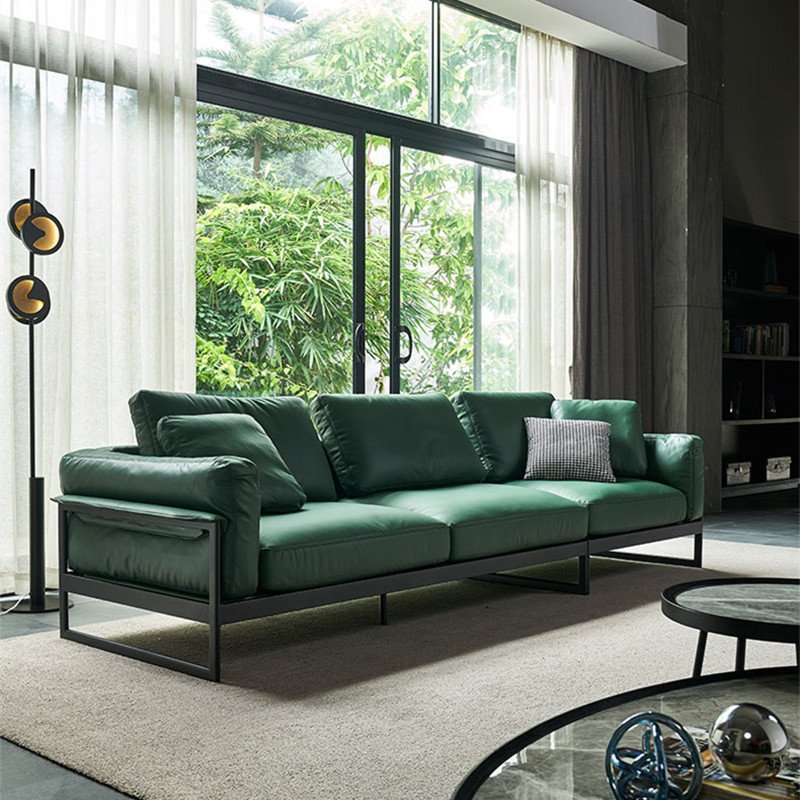 Vintage Look Olive Green Minimalist Style 3 Seater Reception Office Leather Sofa