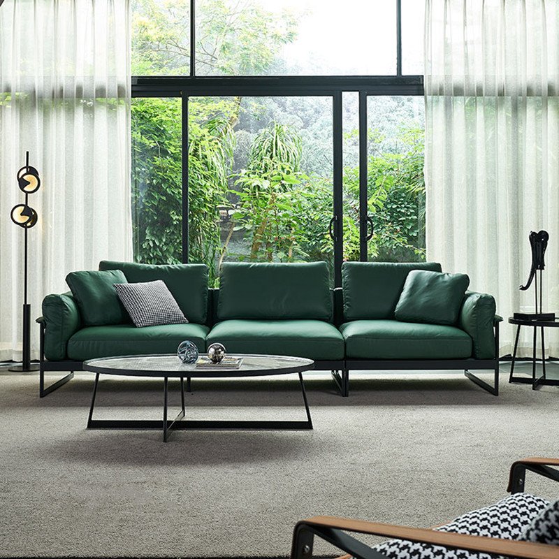 Vintage Look Olive Green Minimalist Style 3 Seater Reception Office Leather Sofa