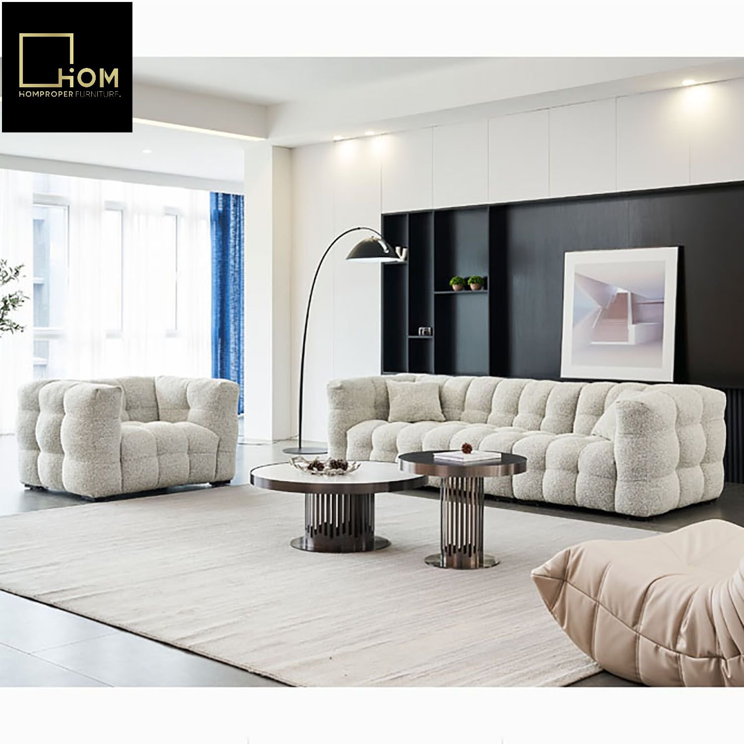 Japanese style lambskin sofa Italian living room three-person straight fabric Wabisabi style marshmallow module cream style sofa