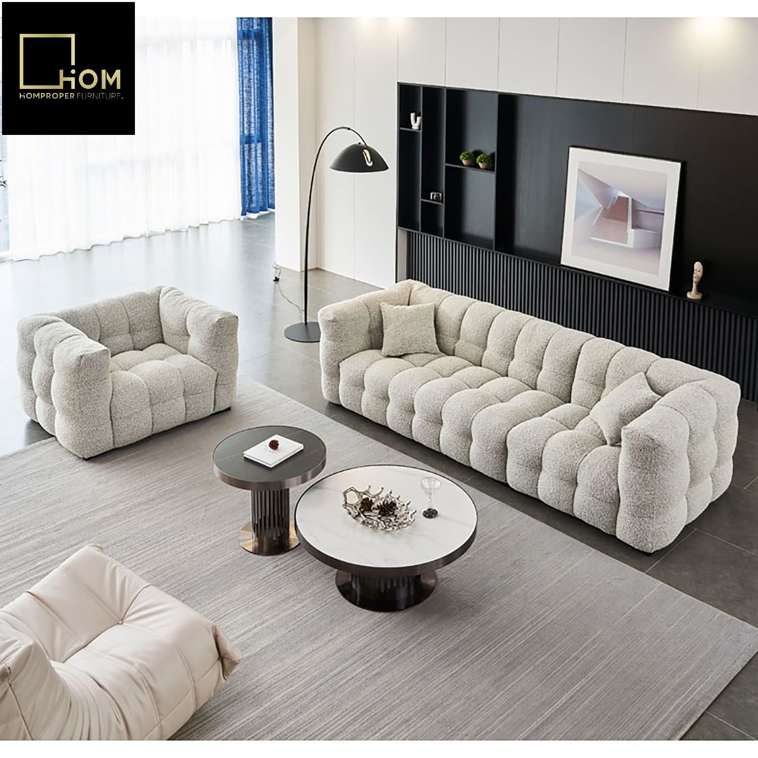 Japanese style lambskin sofa Italian living room three-person straight fabric Wabisabi style marshmallow module cream style sofa