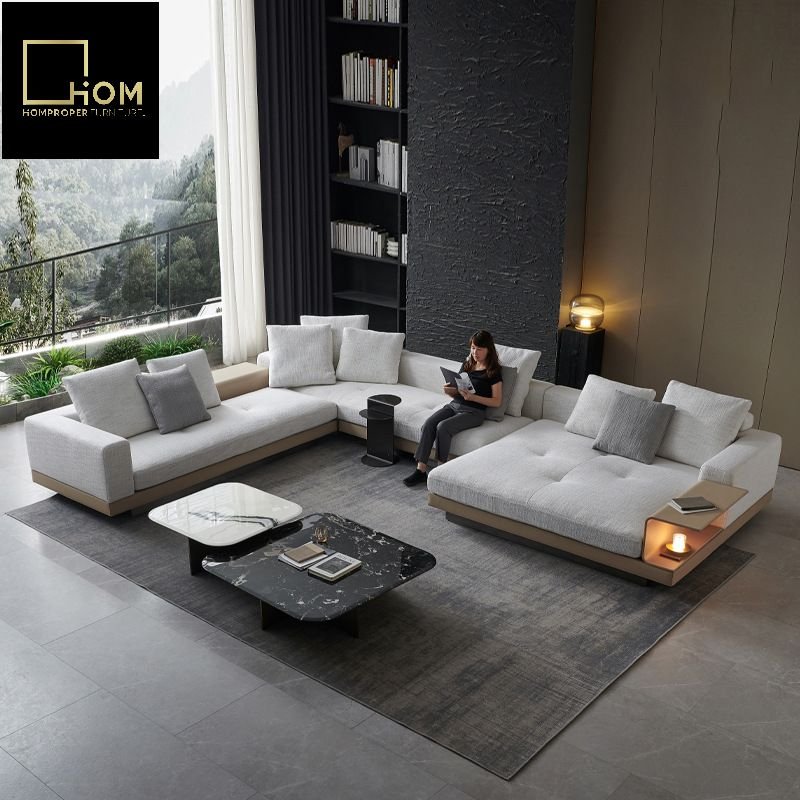 Italian Connolly Light Luxury Style Large Flat Leather Sofa for Villa Living Room Scandinavian Sponge Toffee Home Furniture