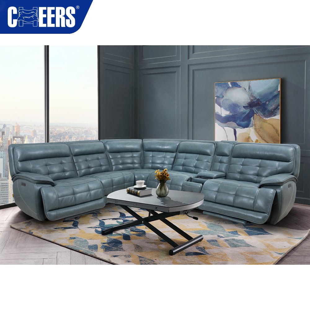 MANWAH CHEERS Modern Green Real Leather Recliner Furniture Power Reclinable Sectional Living Room Sofa
