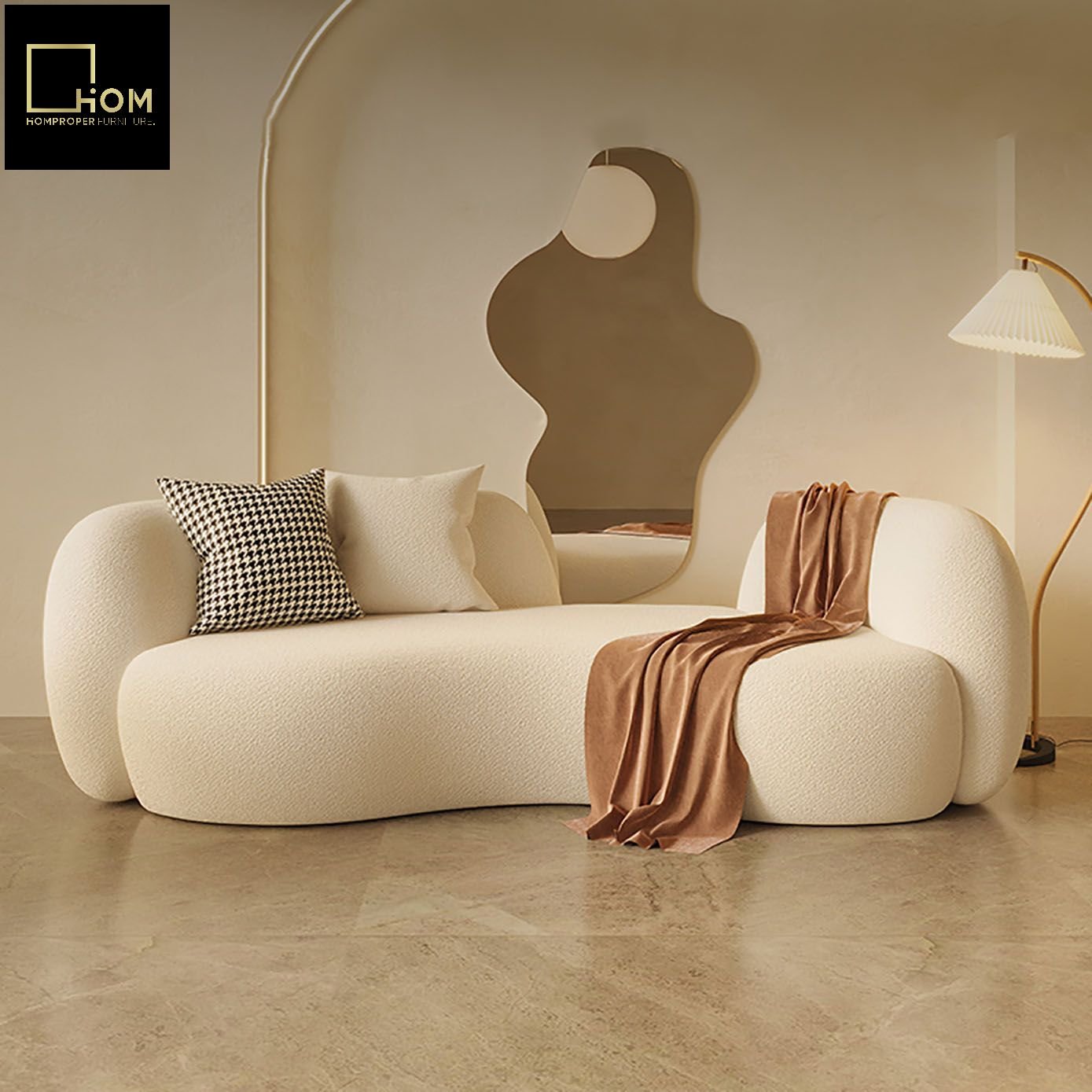 Modern light luxury fashion Italian curved living room sofa lambskin three-seater sofa vintage cream style pea sofa