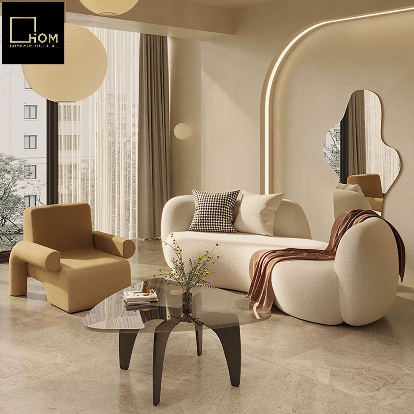 Modern light luxury fashion Italian curved living room sofa lambskin three-seater sofa vintage cream style pea sofa