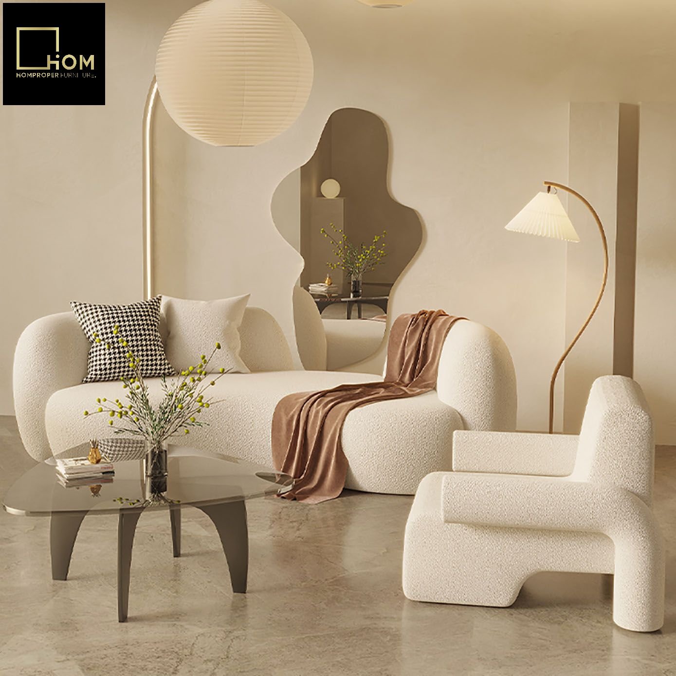 Modern light luxury fashion Italian curved living room sofa lambskin three-seater sofa vintage cream style pea sofa