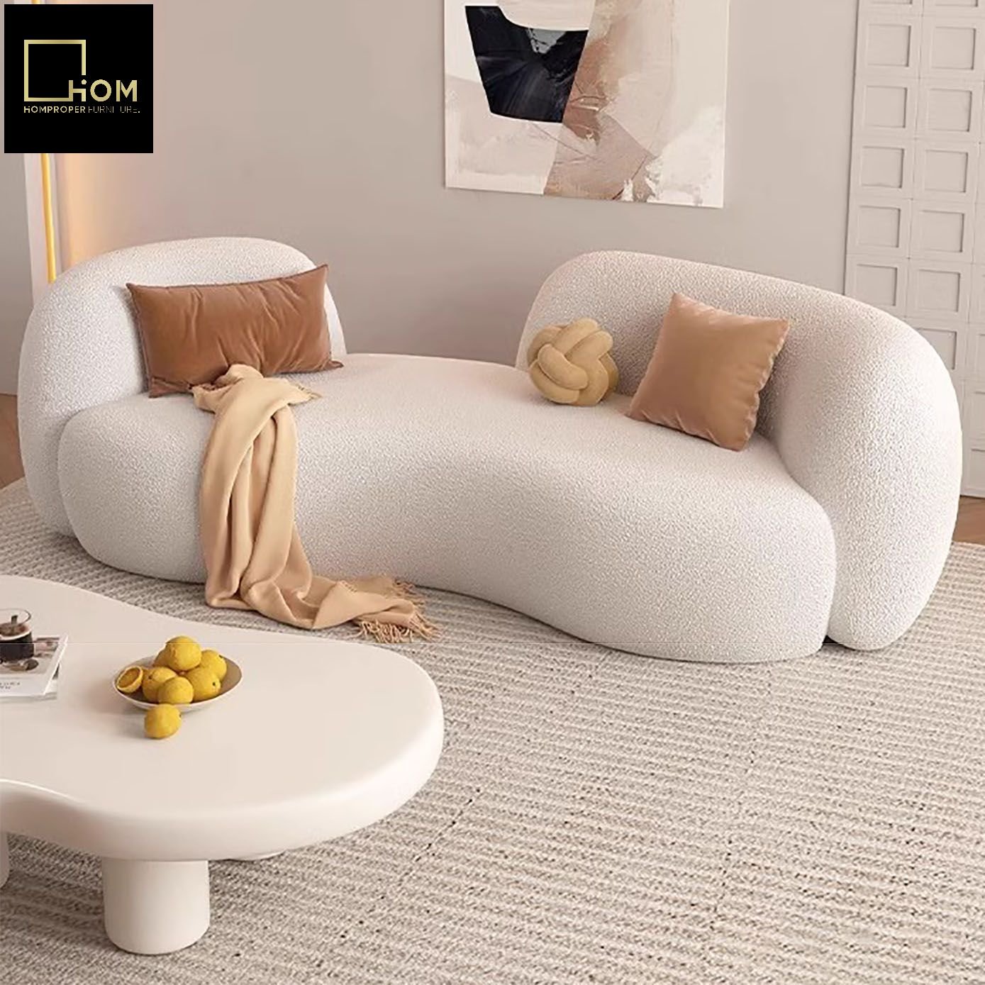 Modern light luxury fashion Italian curved living room sofa lambskin three-seater sofa vintage cream style pea sofa