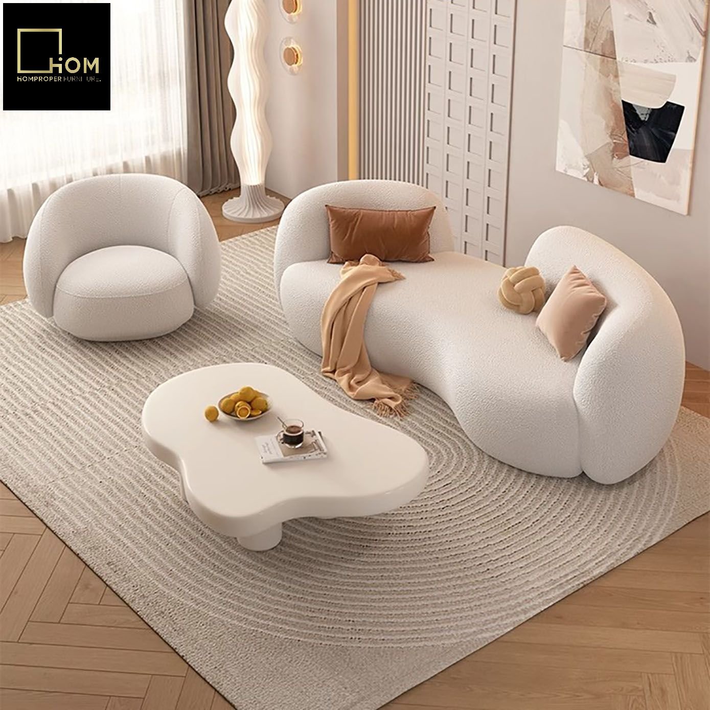 Modern light luxury fashion Italian curved living room sofa lambskin three-seater sofa vintage cream style pea sofa