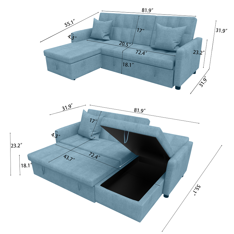 Hot Selling L-shaped Bed Transformable Two Seater Sofa Bed