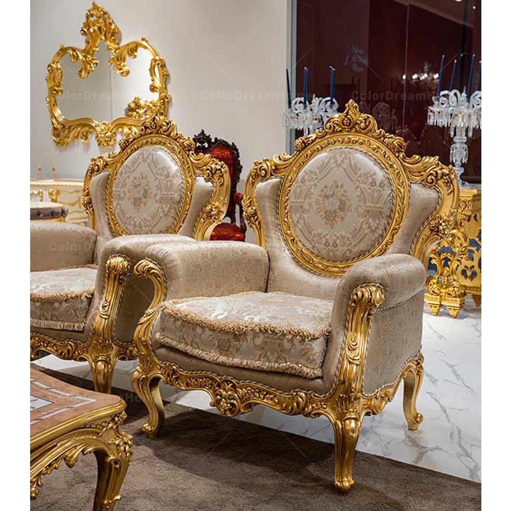 Latest Hotel Wedding Sofa Royal Luxury Gold Wooden Carved Single Sofa Design One Seater Sofa Chair
