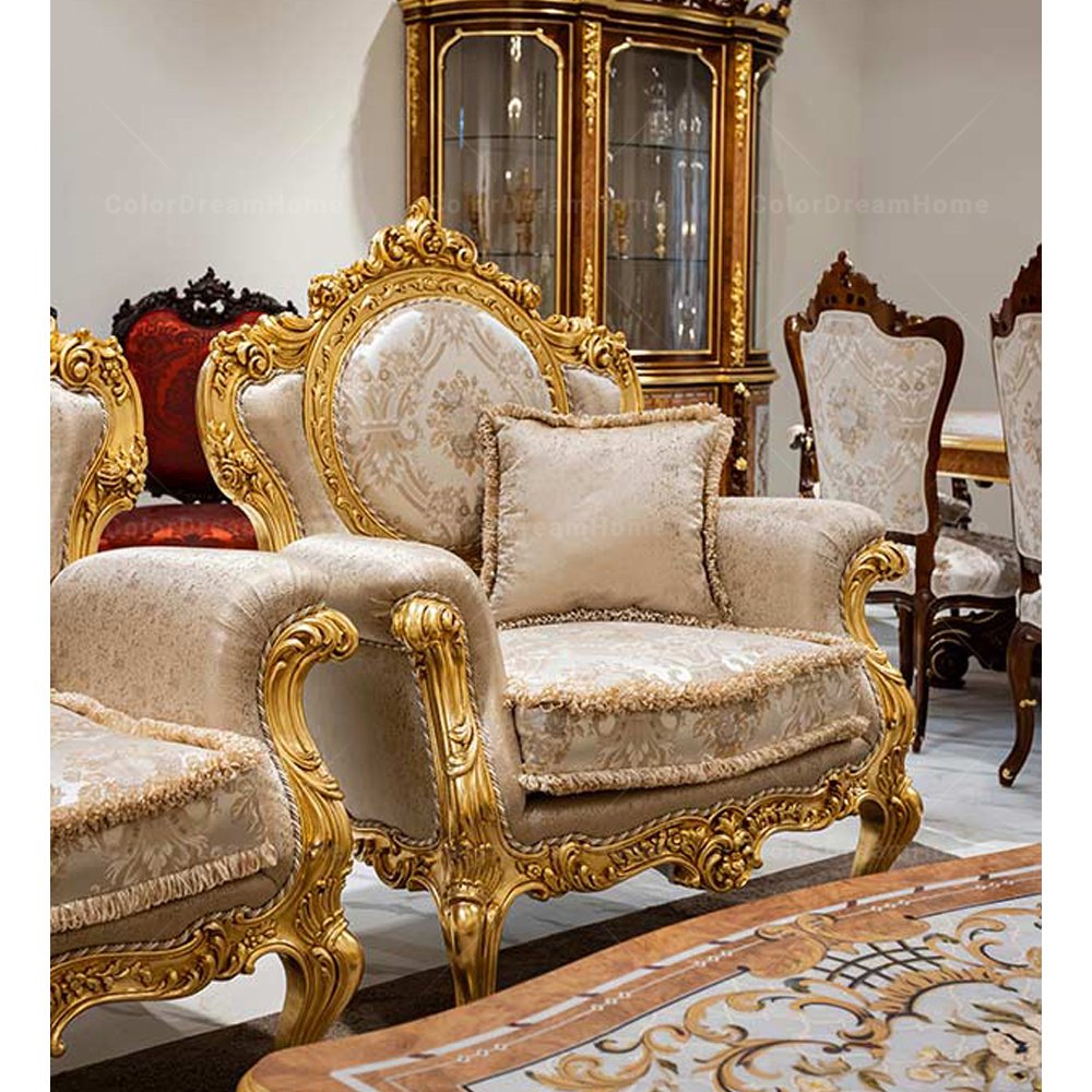 Latest Hotel Wedding Sofa Royal Luxury Gold Wooden Carved Single Sofa Design One Seater Sofa Chair