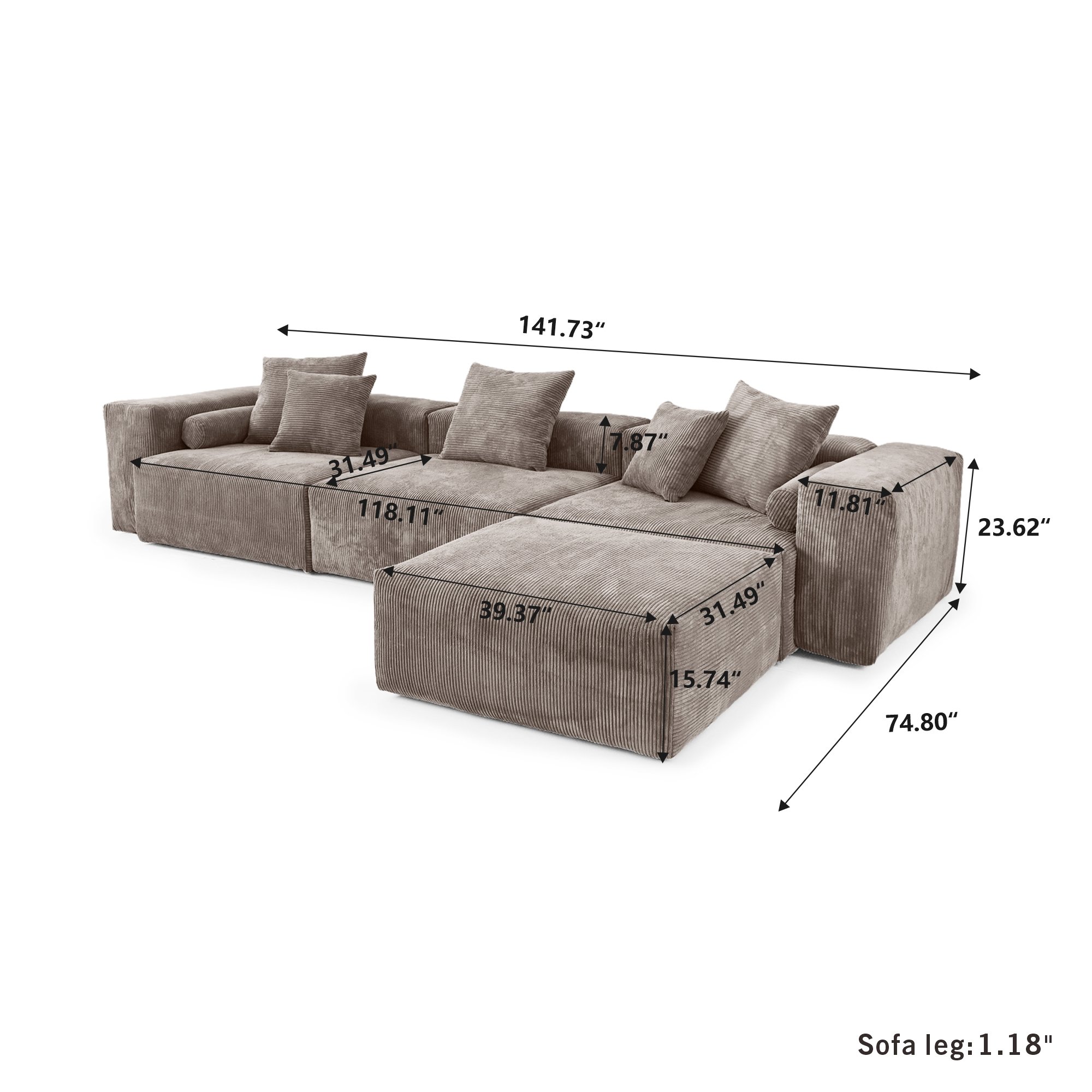 Modern Sectional Couch Sofa with 4 Pillows Covers Removable Living Room