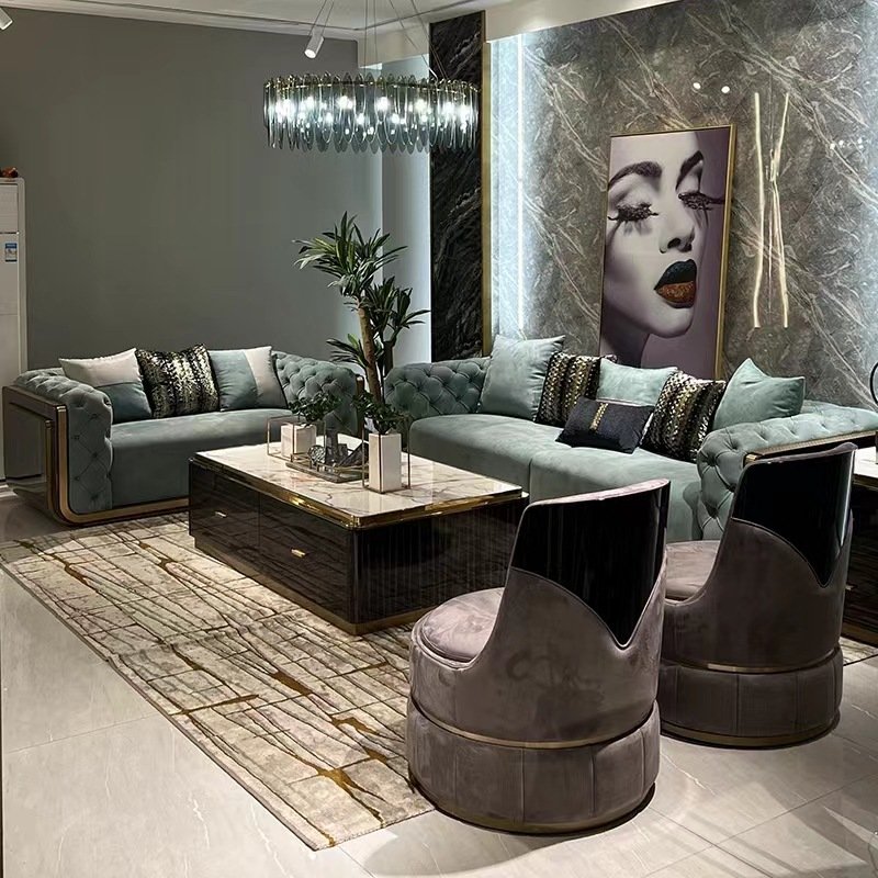 Italian Style Luxury Frosted Leather Sofa Villa Modern Living Room Fabric Velvet Button Tufted Sofa Sets