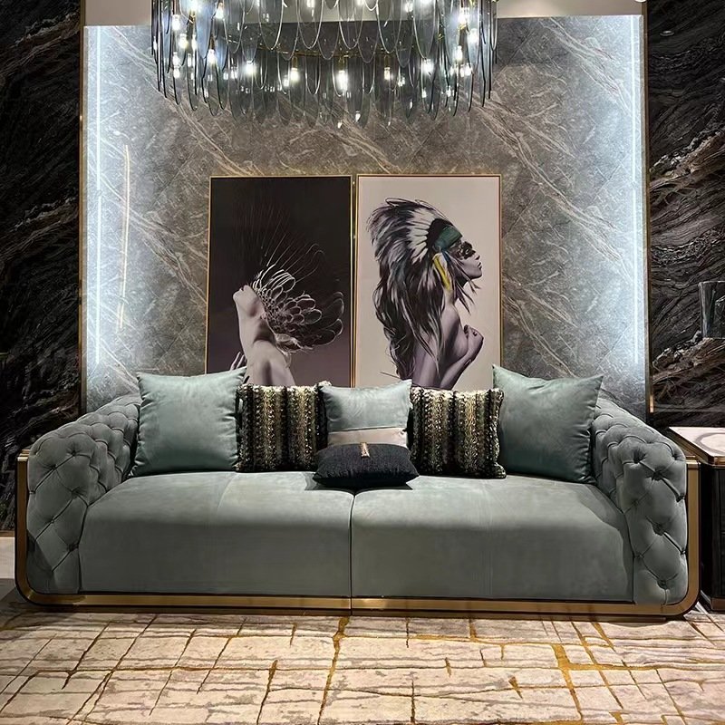 Italian Style Luxury Frosted Leather Sofa Villa Modern Living Room Fabric Velvet Button Tufted Sofa Sets